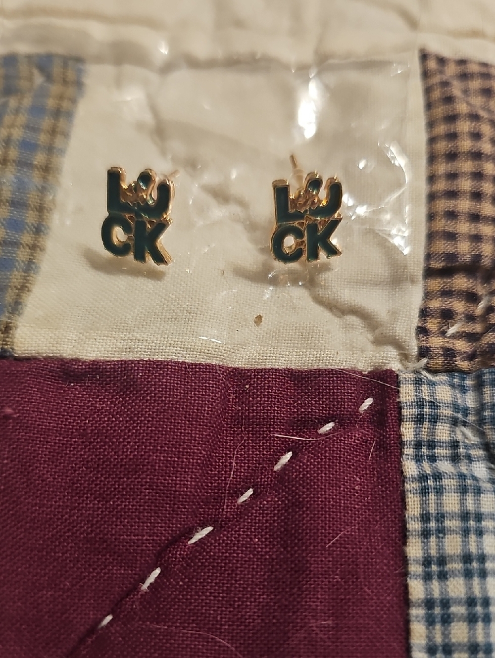 Gold Tone Green 'LOVE CK' Stud Earrings - Unbranded